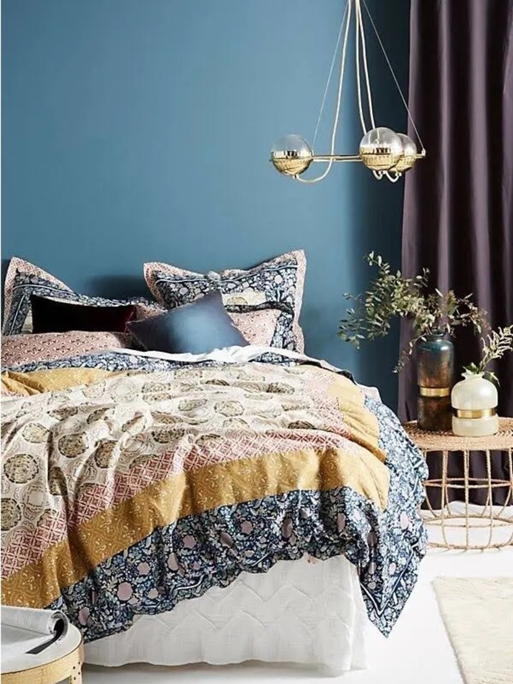 Anthropologie Multicolor Floral & Patchwork Duvet Cover - Blue, Mustard, Pink